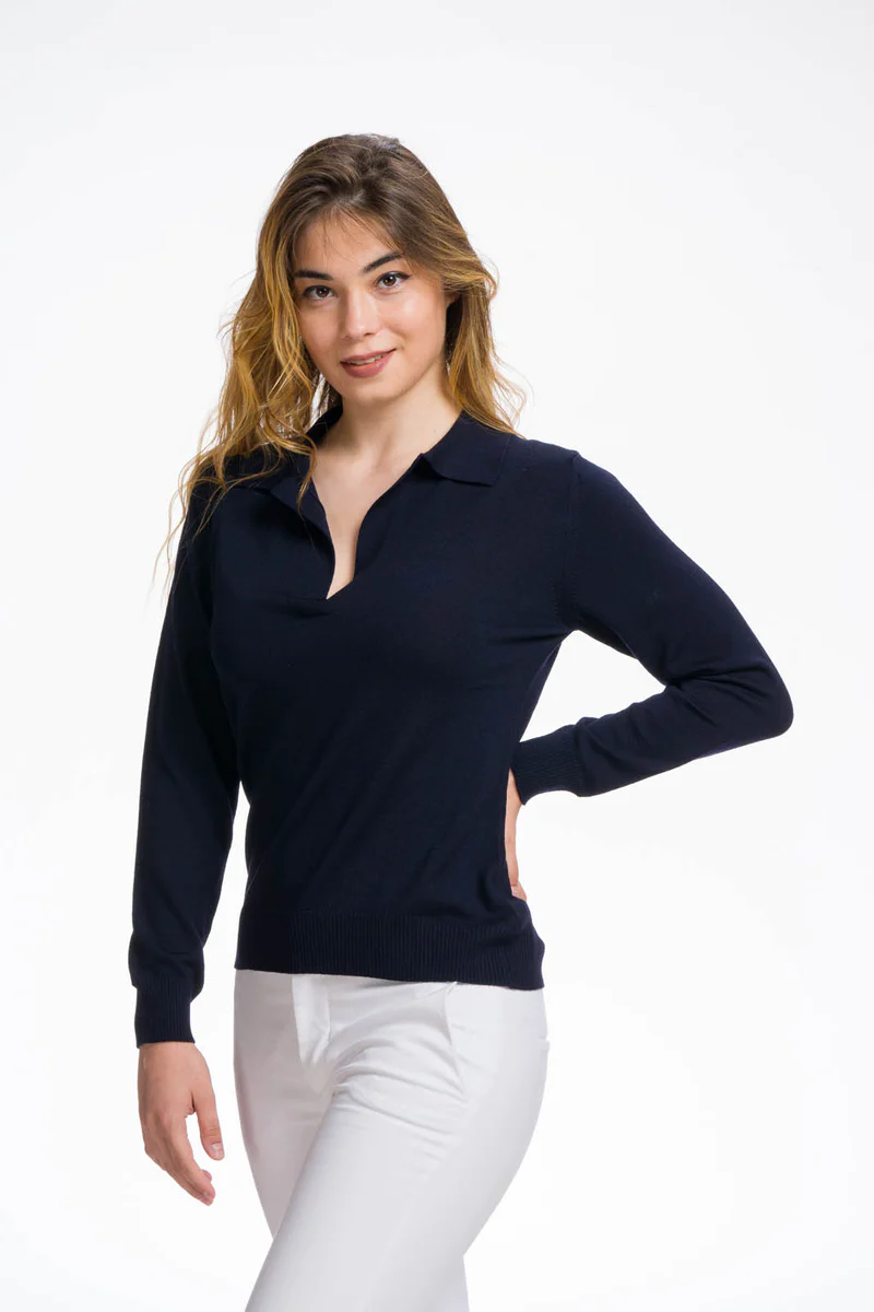 Polo-donna-blu-in-lana-merino-extrafine-Paula